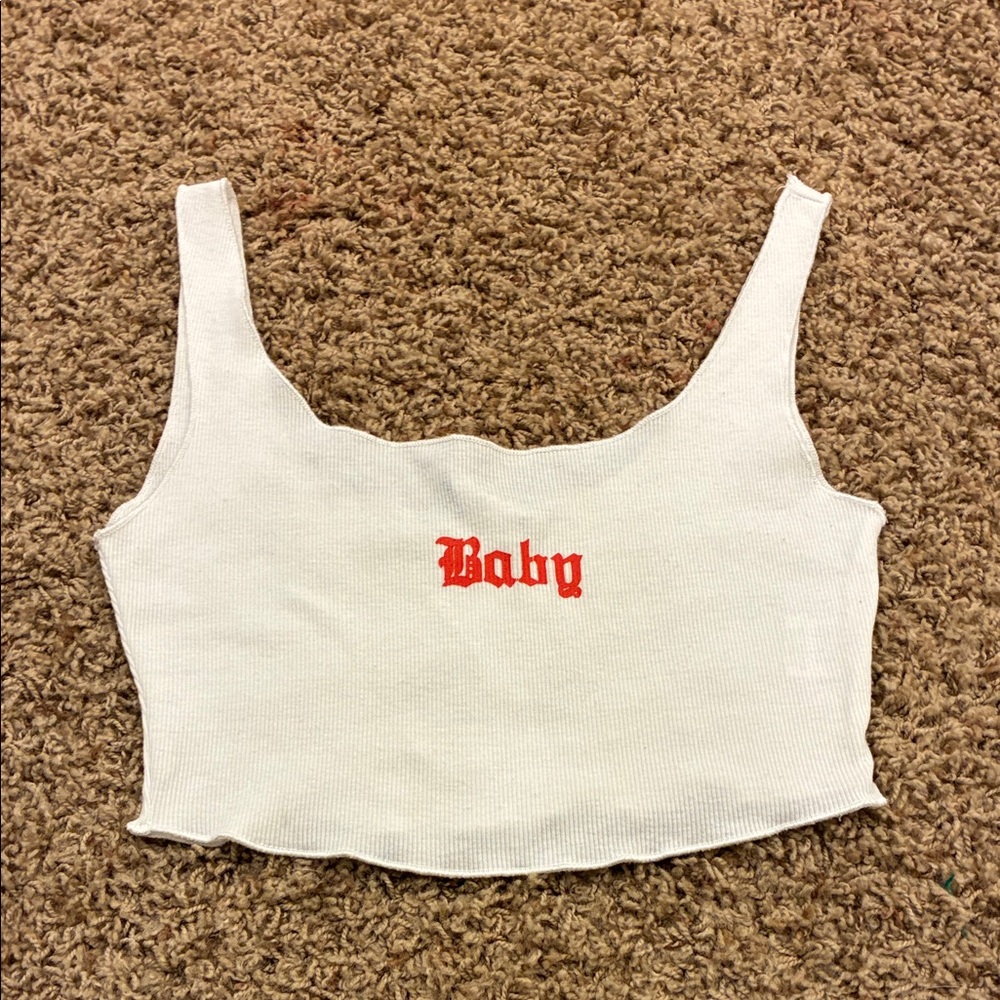 Princess Polly White Ribbed Crop Tank with Red "Baby" Script